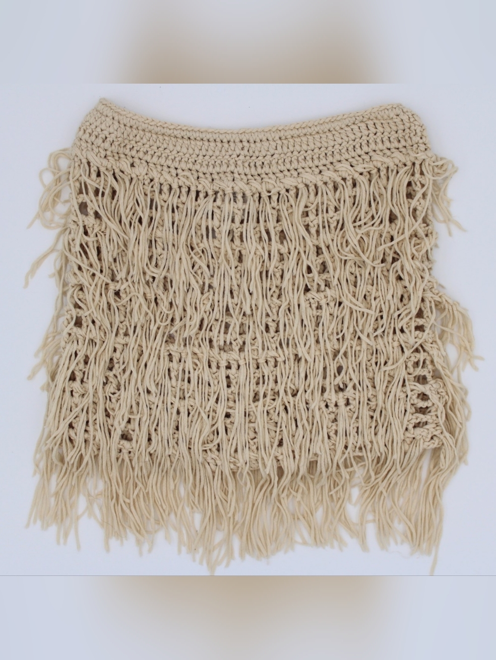 Boho Crochet Fringe Mini Skirt Cream Size Small